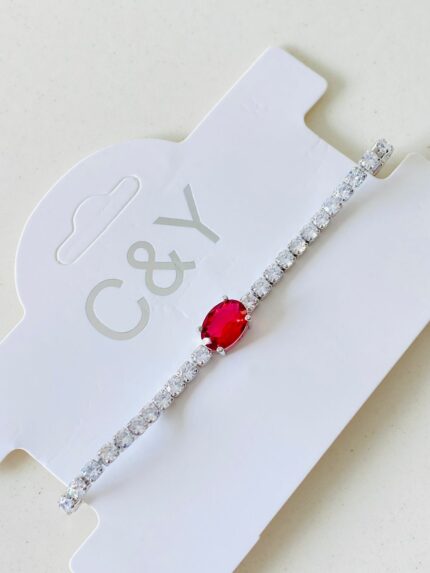 Pulsera PU Plateada Gema Roja